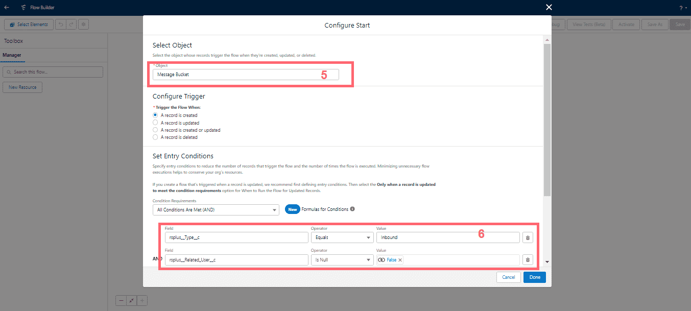 Flow Builder's Configure Start screen with Message Bucket selected as the object,