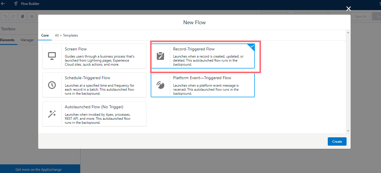 New Flow popup in Flow Builder with the Record-Triggered Flow type selected, alongside Screen Flow, Schedule-Triggered Flow, and Platform Event-Triggered Flow, and the Create button visible.