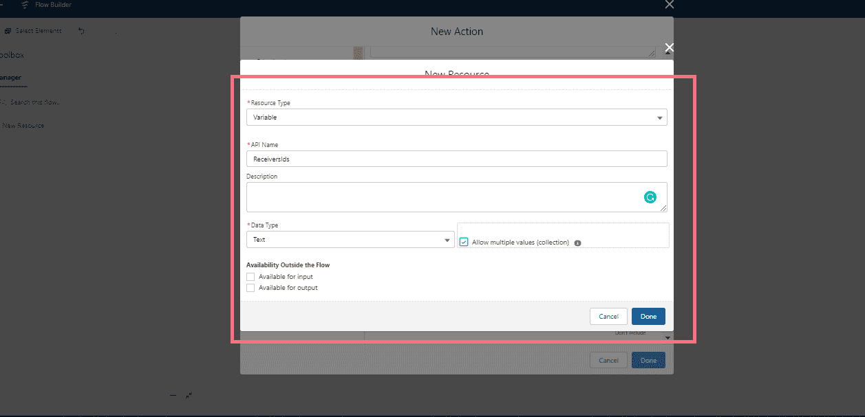 New Resource dialog in Flow Builder with Resource Type set to Variable, API Name set to ReceiversIds, Data Type set to Text, and