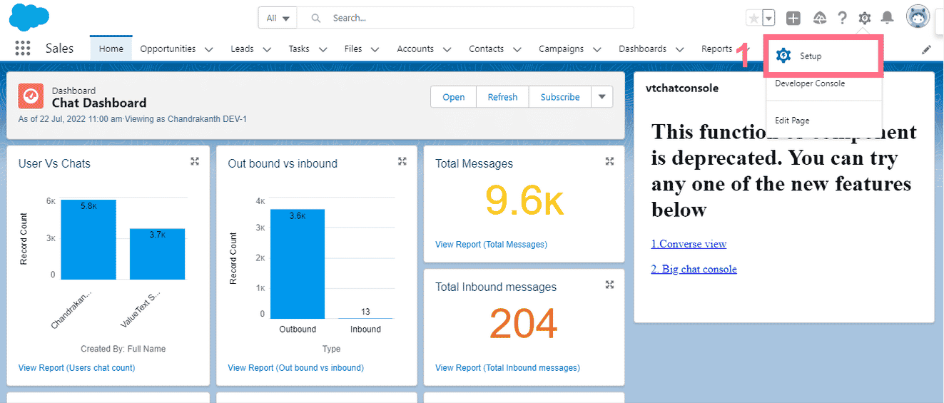 Salesforce Sales app home page with the Setup gear icon highlighted in the top-right corner of the navigation bar.