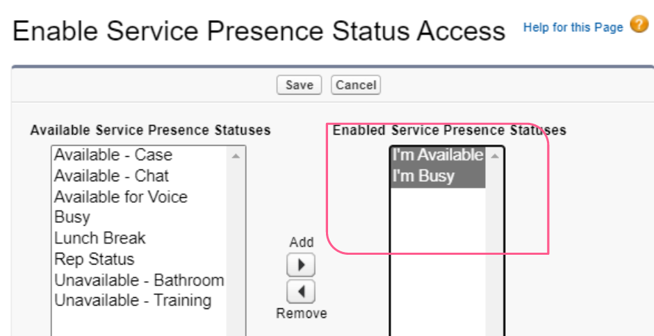 Enable Service Presence Status Access screen with I'm Available and I'm Busy moved into the Enabled Service Presence Statuses list, above the Save button.