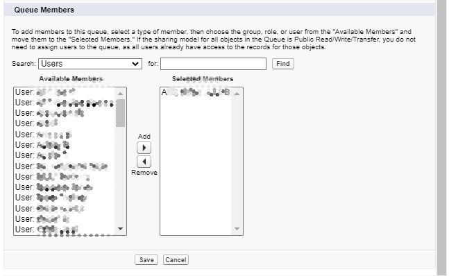 Queue Members screen for the same queue, with users moved into the Selected Members column.