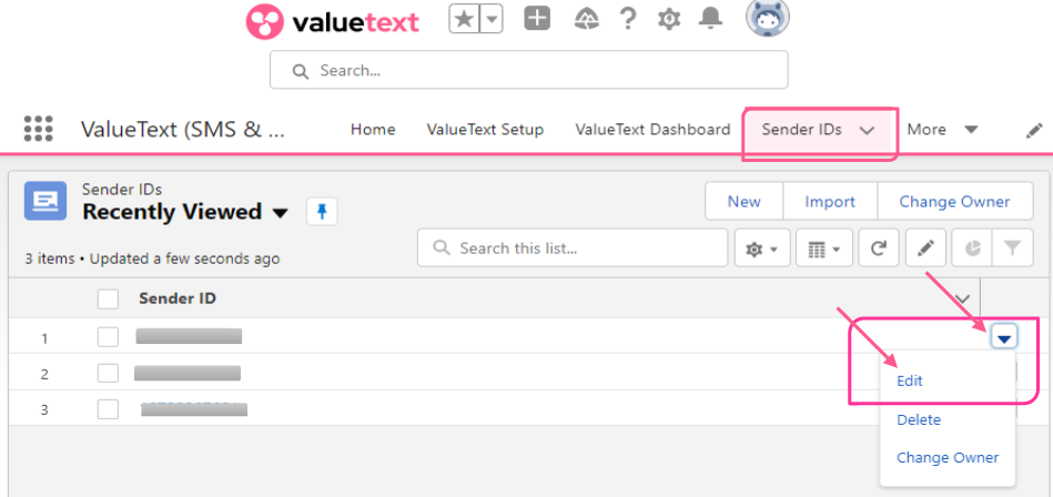 Sender IDs list view in Salesforce, with the Sender IDs tab and the Edit option in a sender ID's action menu both highlighted.