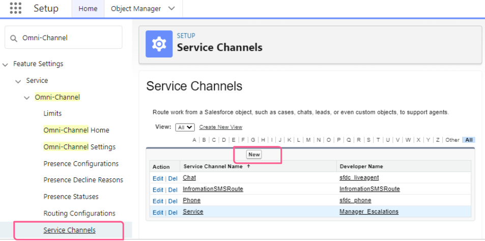 Salesforce Setup Service Channels list showing existing channels (Chat, InformationSMSRoute, Phone, Service) with the New button highlighted.