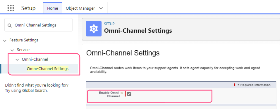 Salesforce Setup Omni-Channel Settings page with the Enable Omni-Channel checkbox checked and highlighted.