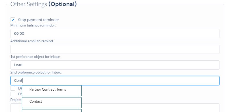 ValueText Setup Other Settings (Optional) section showing the 1st preference object for inbox field set to Lead and the 2nd preference object for inbox field being set to Contact from a dropdown list.