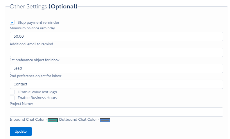 ValueText Setup Other Settings (Optional) section with 1st preference object for inbox set to Lead, 2nd preference object for inbox set to Contact, and an Update button below the settings.