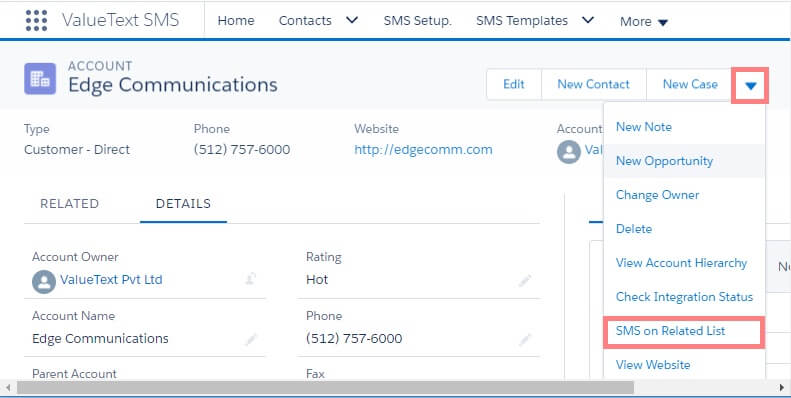 Salesforce Account detail page for Edge Communications with the record-level action dropdown open, showing SMS on Related List highlighted among the available actions.