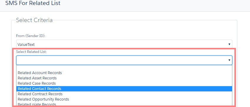 SMS For Related List window with a Select Criteria panel, showing the Select Related List dropdown open and Related Contact Records highlighted among the available related list options.