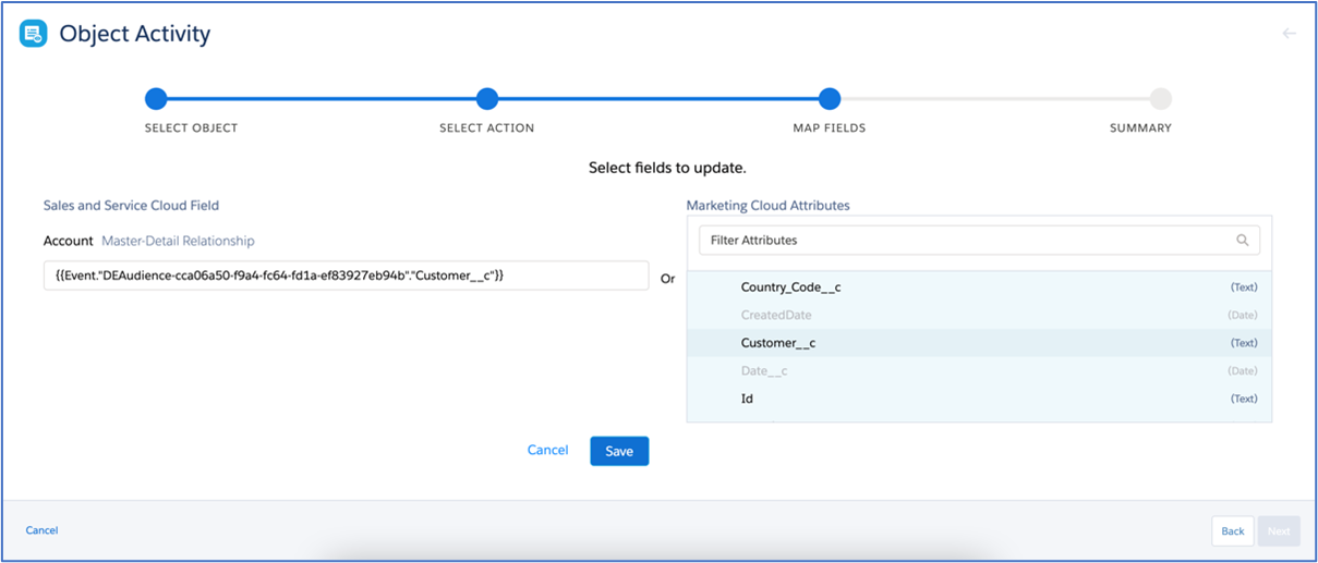 Salesforce Marketing Cloud Object Activity Map Fields step, with the Account field set to a merge field mapped to the Customer__c attribute from the data extension.