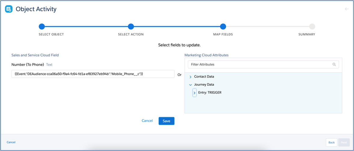 Salesforce Marketing Cloud Object Activity Map Fields step, with the Number (To Phone) field set to a merge field pulling Mobile_Phone__c from the Journey Data entry trigger.