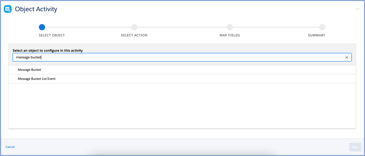 Salesforce Marketing Cloud Object Activity wizard on the Select Object step, with