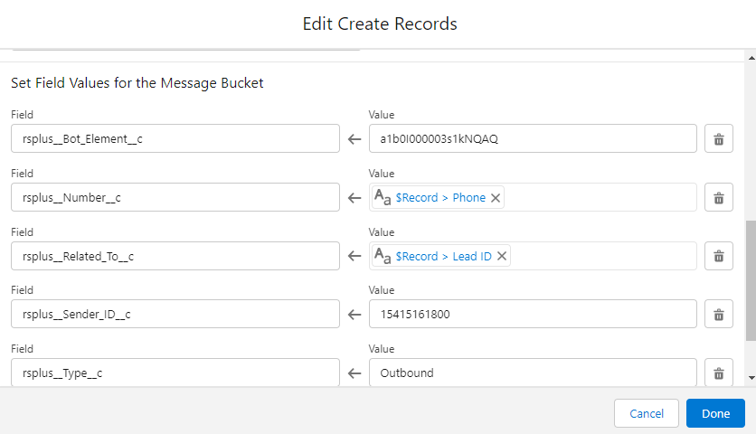 Salesforce Edit Create Records screen for the Message Bucket object, with rsplus__Bot_Element__c set to a bot element record ID, rsplus__Number__c and rsplus__Related_To__c set to Record field references, rsplus__Sender_ID__c set to a phone number, and rsplus__Type__c set to Outbound.