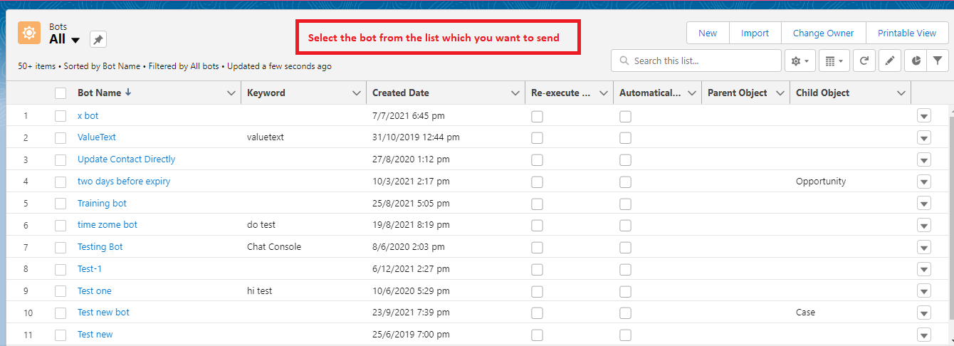 Salesforce Bots list view showing all bot records in the org, with a banner reading Select the bot from the list which you want to send.