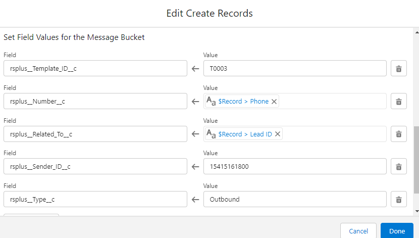 Salesforce Edit Create Records screen for the Message Bucket object, with rsplus__Template_ID__c set to a template name, rsplus__Number__c and rsplus__Related_To__c set to Record field references, rsplus__Sender_ID__c set to a phone number, and rsplus__Type__c set to Outbound.