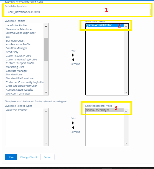 ValueText Dynamic Template Details panel showing the Search file by name box, the Available Profiles and Selected Profiles lists with System Administrator selected, and the Available Record Types and Selected Record Types lists with General record type selected.