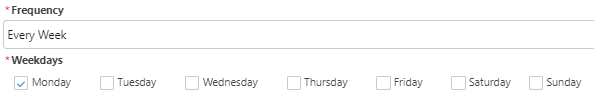Frequency field set to Every Week with a row of weekday checkboxes below it, Monday checked.