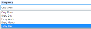 Frequency dropdown open showing Only Once, Every Day, Every Week, Every Month, and Every Year, with Every Year highlighted.