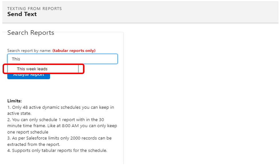 Texting From Reports Send Text screen with the Search Reports panel, showing a report search box with