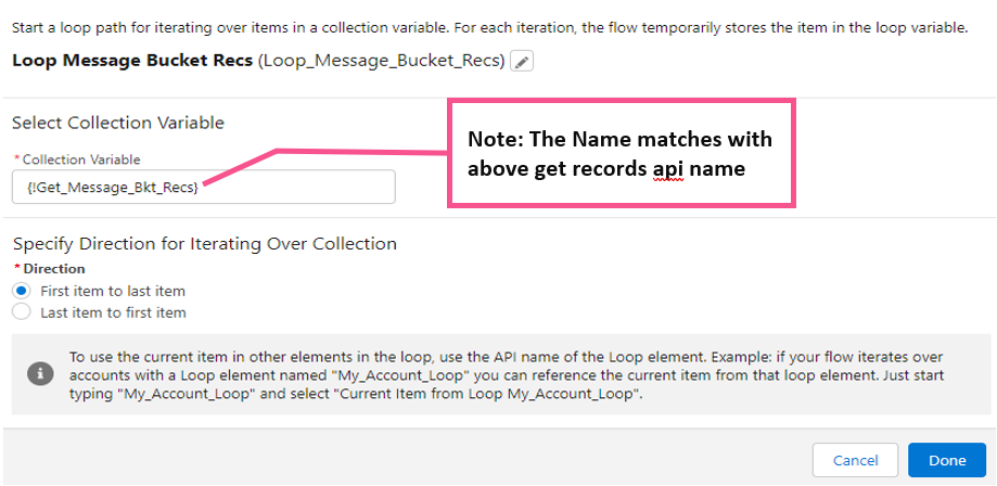 Salesforce Flow Builder's Loop element configuration for Loop Message Bucket Recs, with the Collection Variable set to {!Get_Message_Bkt_Recs} and First item to last item selected as the iteration direction.