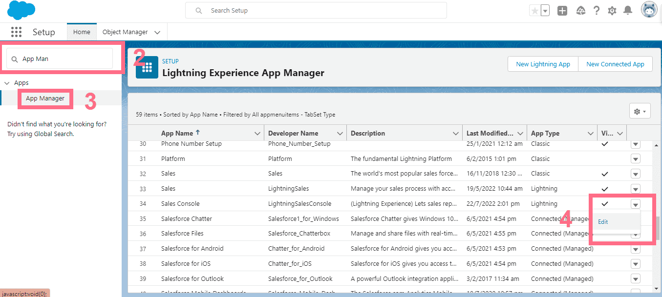Salesforce Setup page with App Manager typed into the Quick Find search box and the Edit option open in the dropdown for the Sales Console row in the Lightning Experience App Manager list.