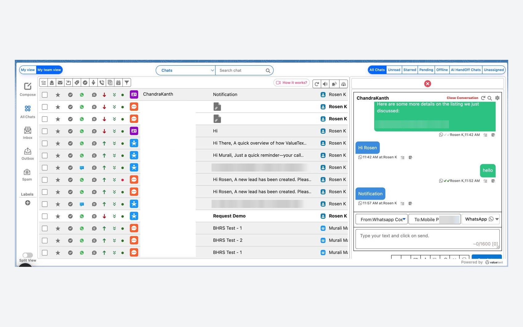 The ValueText Converse view in Salesforce: the team inbox of chats on the left and the open WhatsApp conversation on the right.