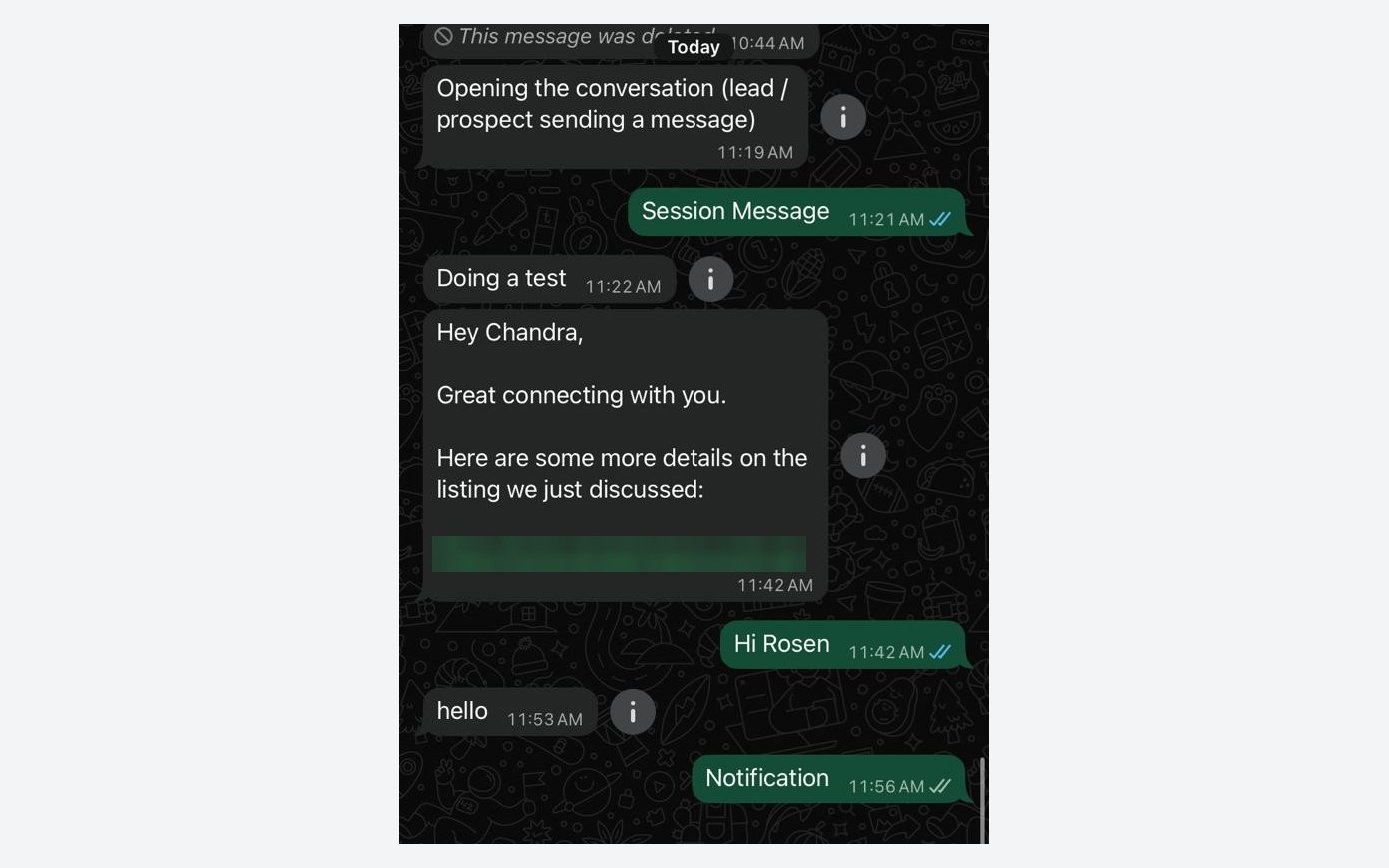 The customer's own WhatsApp, showing the conversation with the business as one thread.