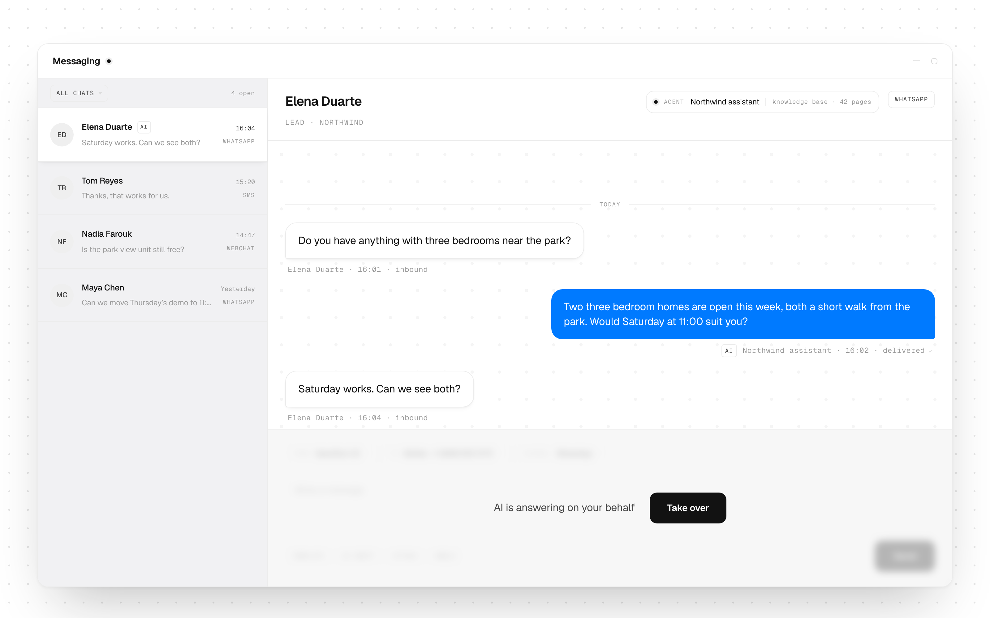 The ValueText AI agent answering a WhatsApp enquiry on a Lead record: the inbox on the left, the thread in the middle with the agent's reply marked delivered, and the rep's Take over control over the compose bar.